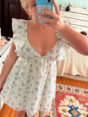 Jennifer Lopez Blue Floral Ruffle Strap Dress